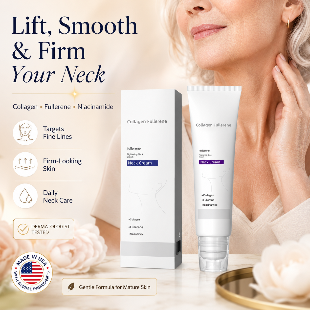 Roller Massage Neck Cream 🧴 Collagen & Hyaluronic Acid | Firms Neck, Reduces Wrinkles & Double Chin